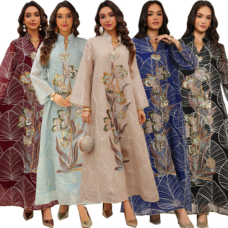HA6657 Women's Long Robe Dress with Mesh Embroidery