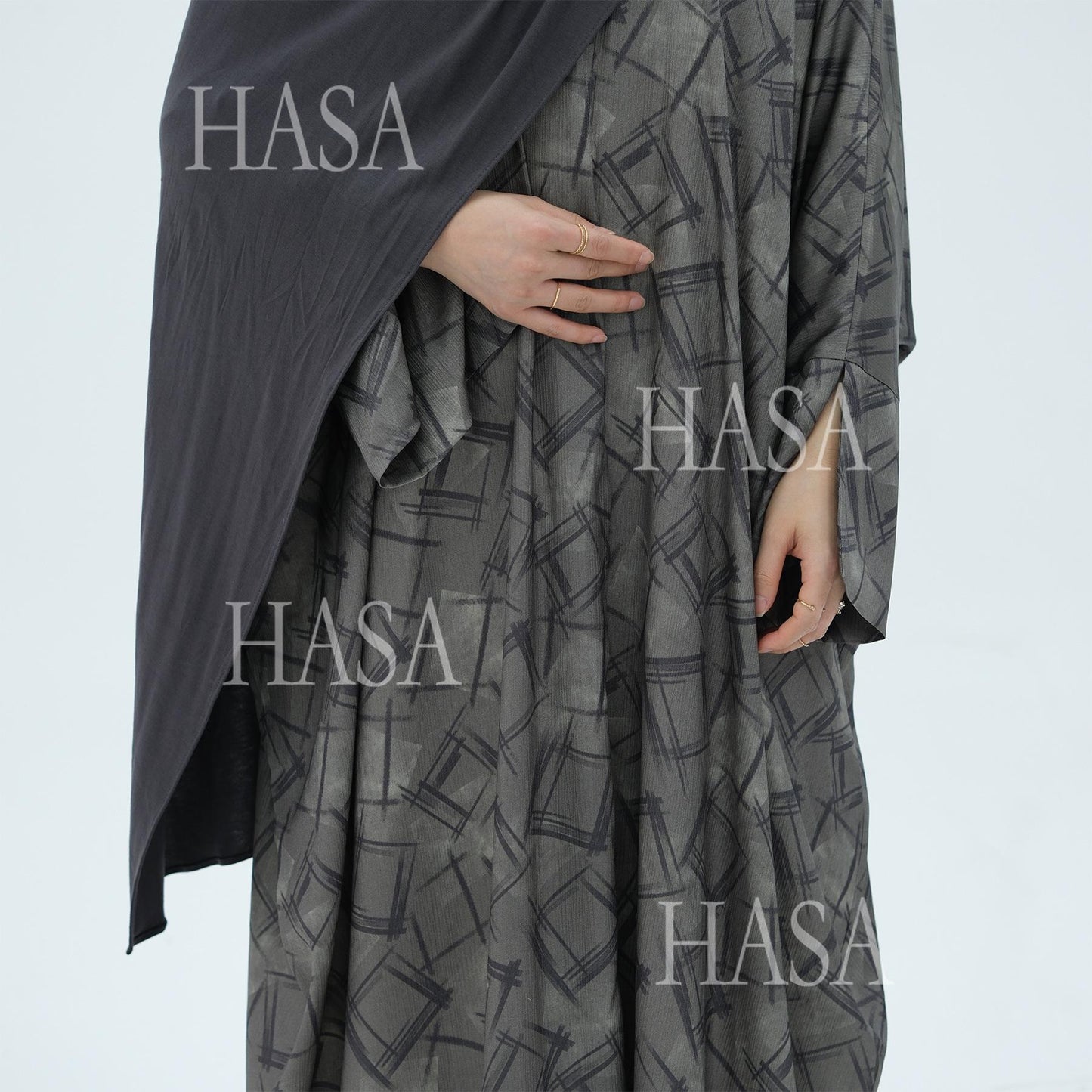 HA6504 Grey geometric print long cardigan Abaya (headscarf not included)