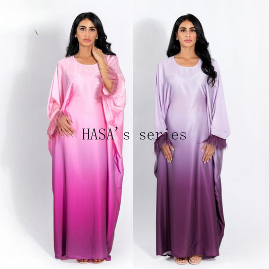 HS5111 Gradient-colored Fringed Long Dress, Romantic Dress with Batwing Sleeves.