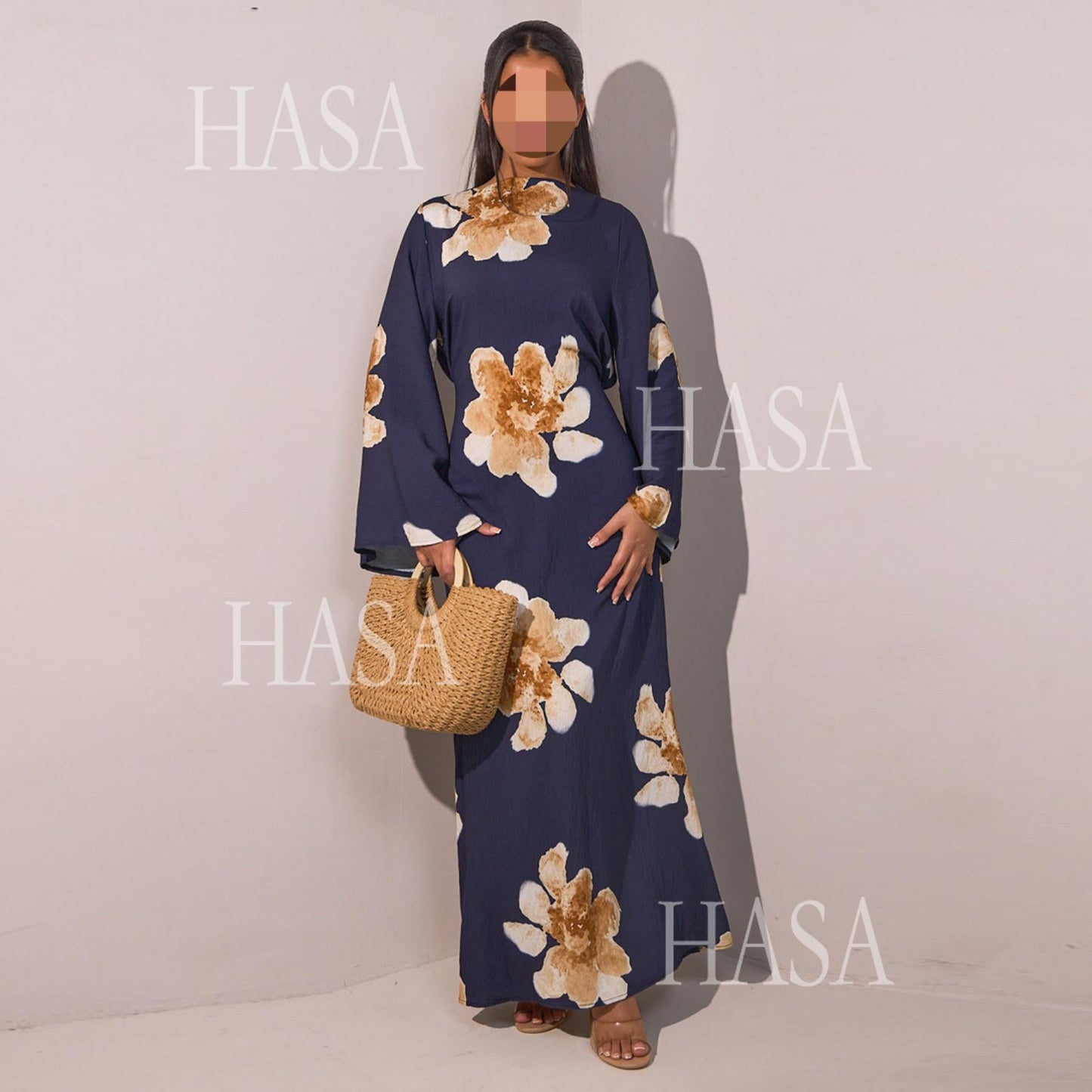 HA6503 Long-sleeved Waist-length Printed Dress (one Piece)