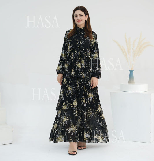 HA6500  Romantic Layered Print Long Dress