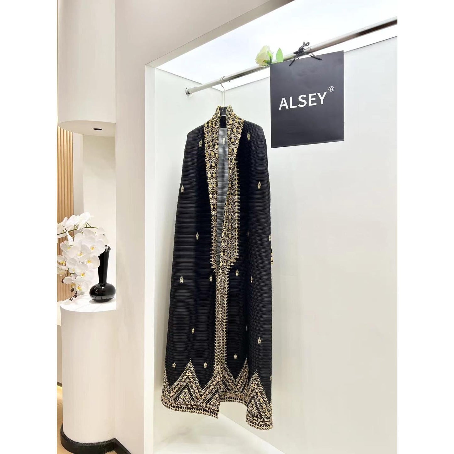 HS6709 Golden Dynasty , Black Abaya with Intricate Gold Embroidery