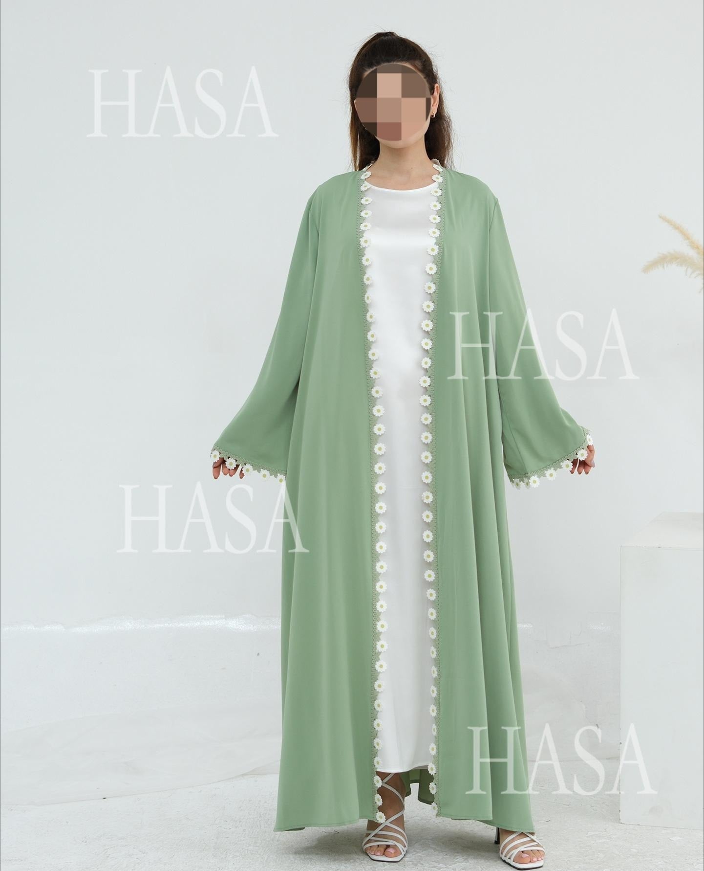 HA6616 Green Flower Stitching Cardigan Two-Piece Set (Including Headscarf)