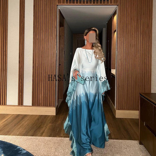 HS5095 Romantic Gradient Fringed Robe, Elegant Printed Long Dress