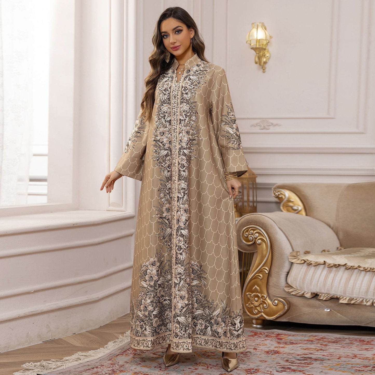 HA6654 Rhinestone-embroidered Long Robe Dress with Elegant Three-dimensional Pattern Design