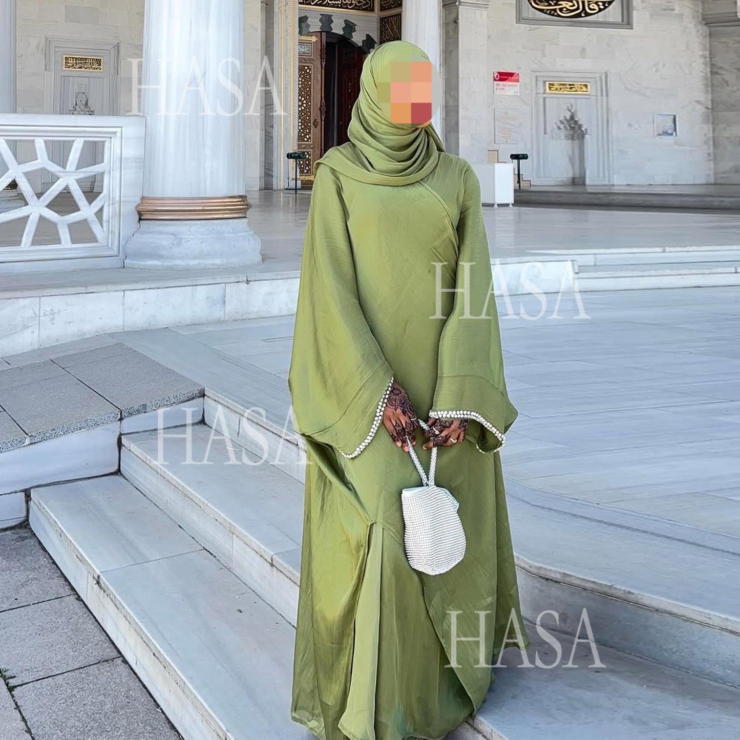 HA6553  Two-Piece Solid Abaya with Beaded Details and Matching Scarf Option