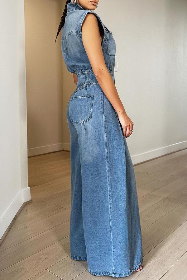 HASASERIES HS6399 Women's New Casual Sleeveless Denim Jumpsuit with Wide Legs