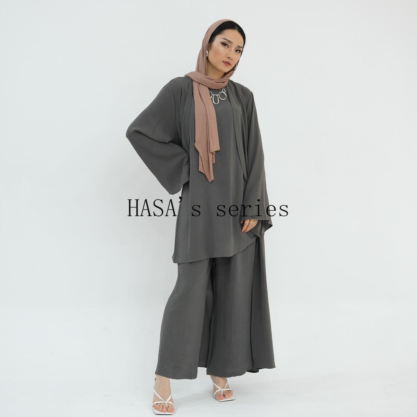 HS5107 Minimalist Style Three-piece Set | Solid Color Long Coat Paired with A Loose Two-piece Suit.