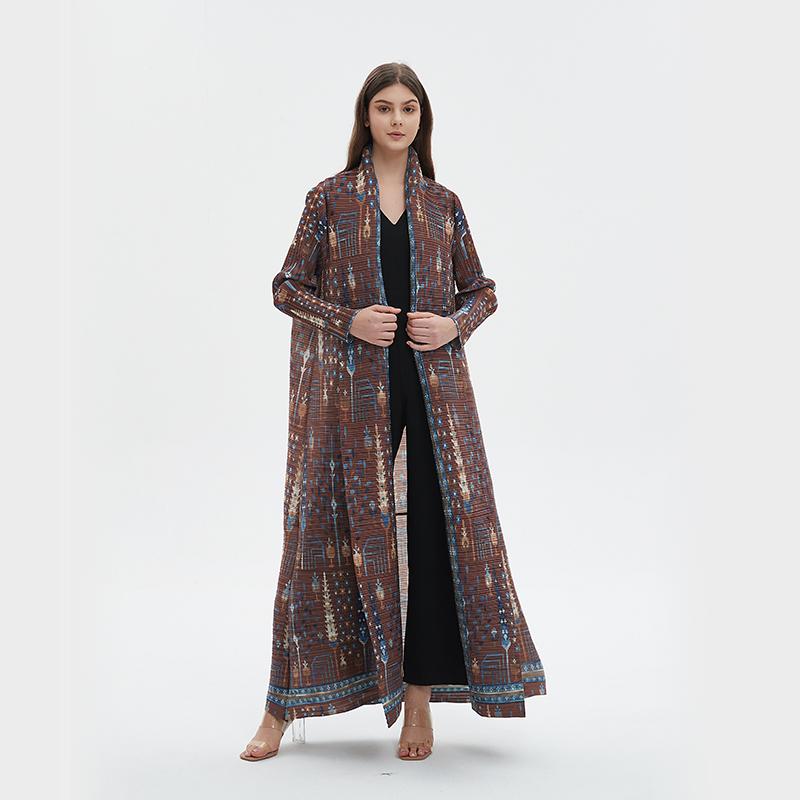HS5848 Retro Brown Textured Open-front Long Coat
