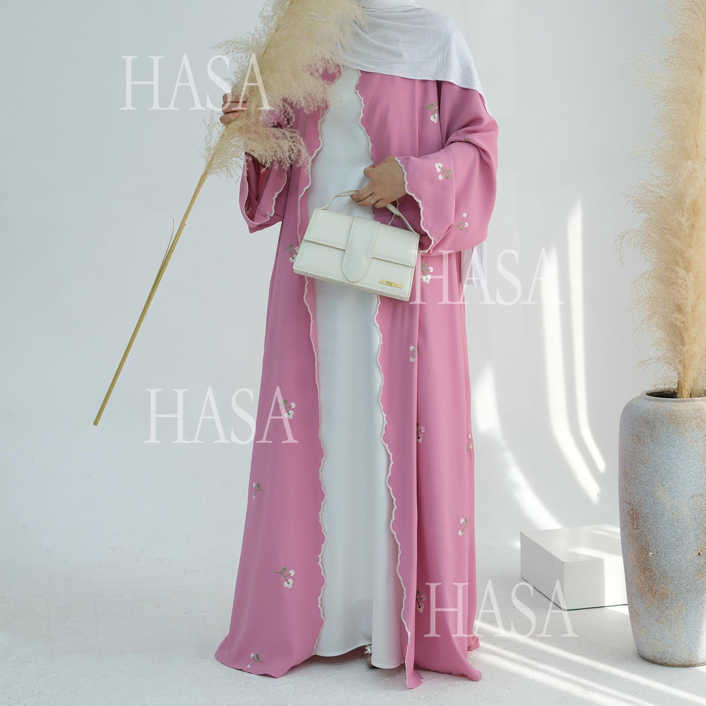 HA6472 Longline Cardigan with Delicate Floral Details and Curved Edging
