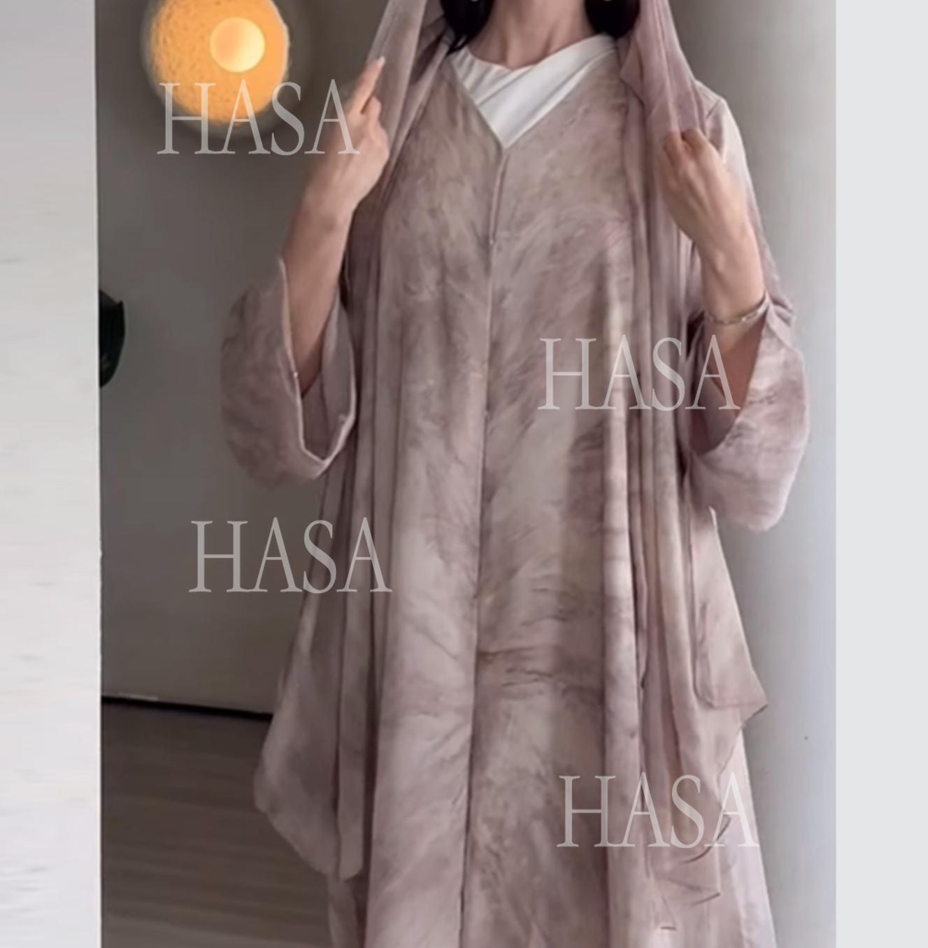 HA6551 Printed Abaya Cardigan with Matching Scarf Two-Piece Set