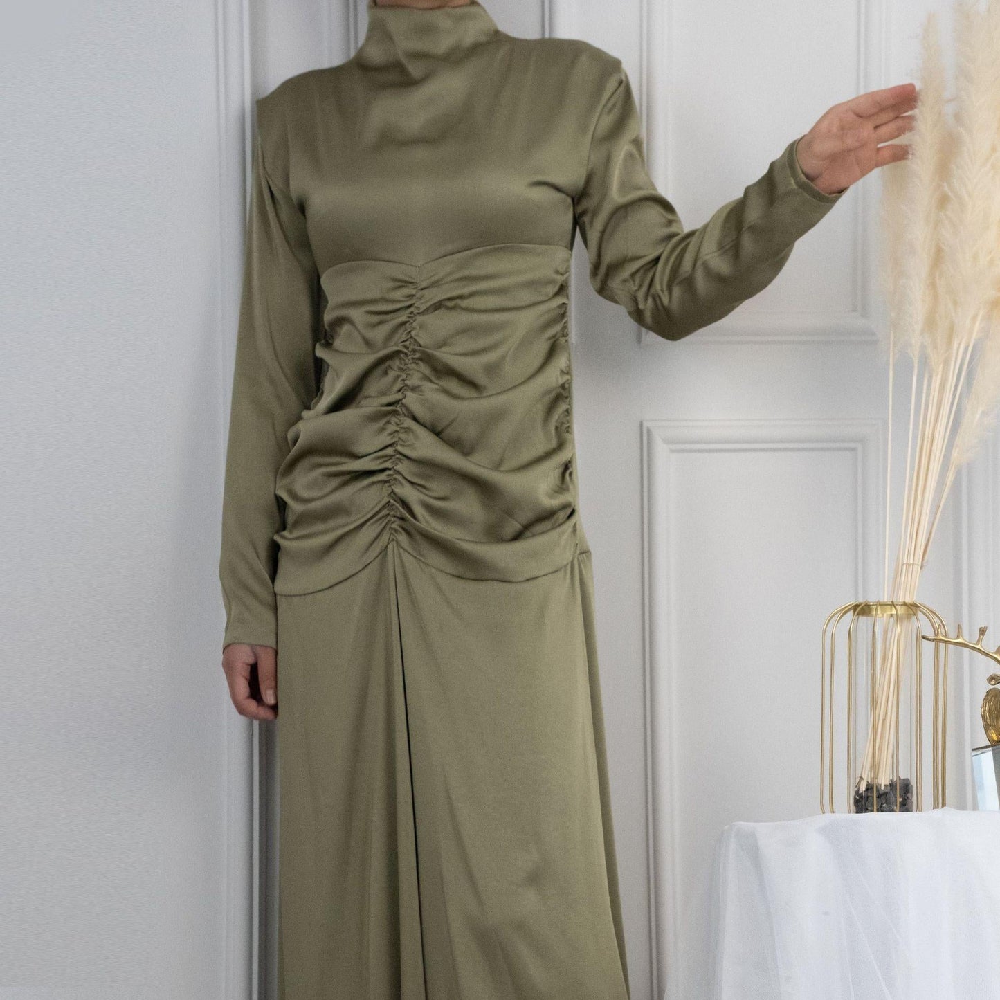 HAYA HAYA1020 Solid Color High Neck Slimming Robe Dress