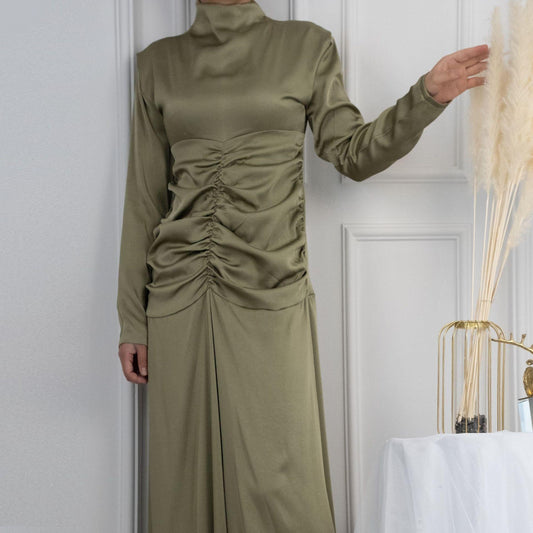 HAYA HAYA1020 Solid Color High Neck Slimming Robe Dress