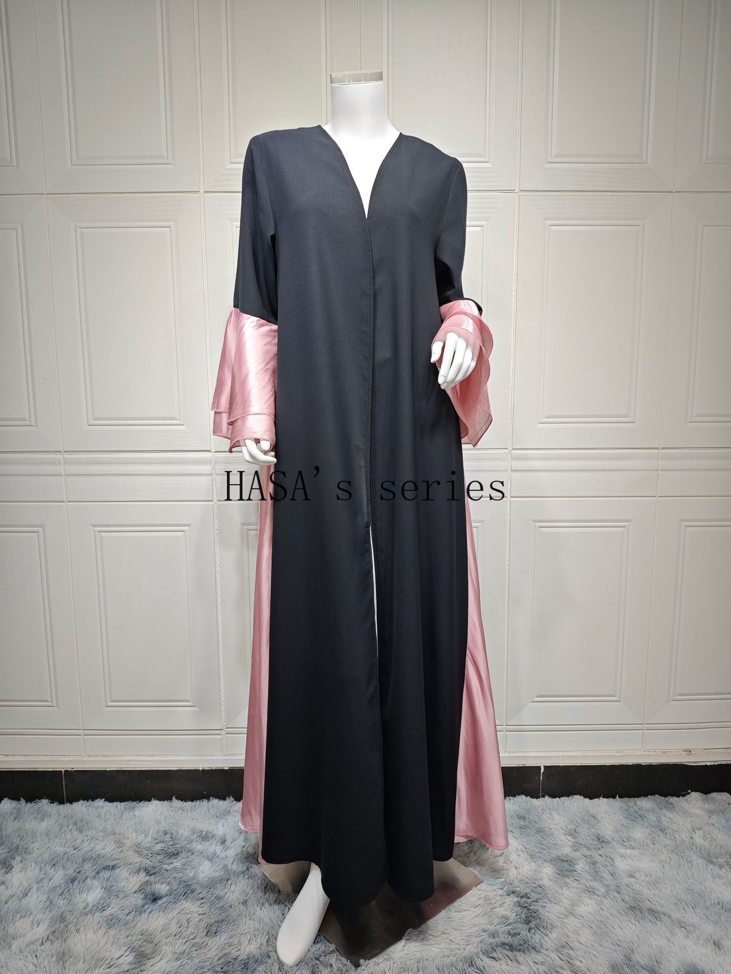 HS5106 A Soft and Elegant Long Satin Dress with Classic Design and Ruffled Sleeves.