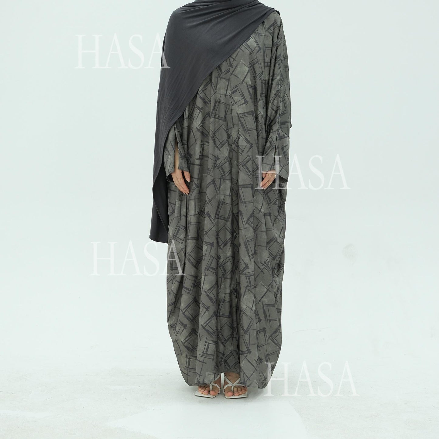 HA6504 Grey geometric print long cardigan Abaya (headscarf not included)