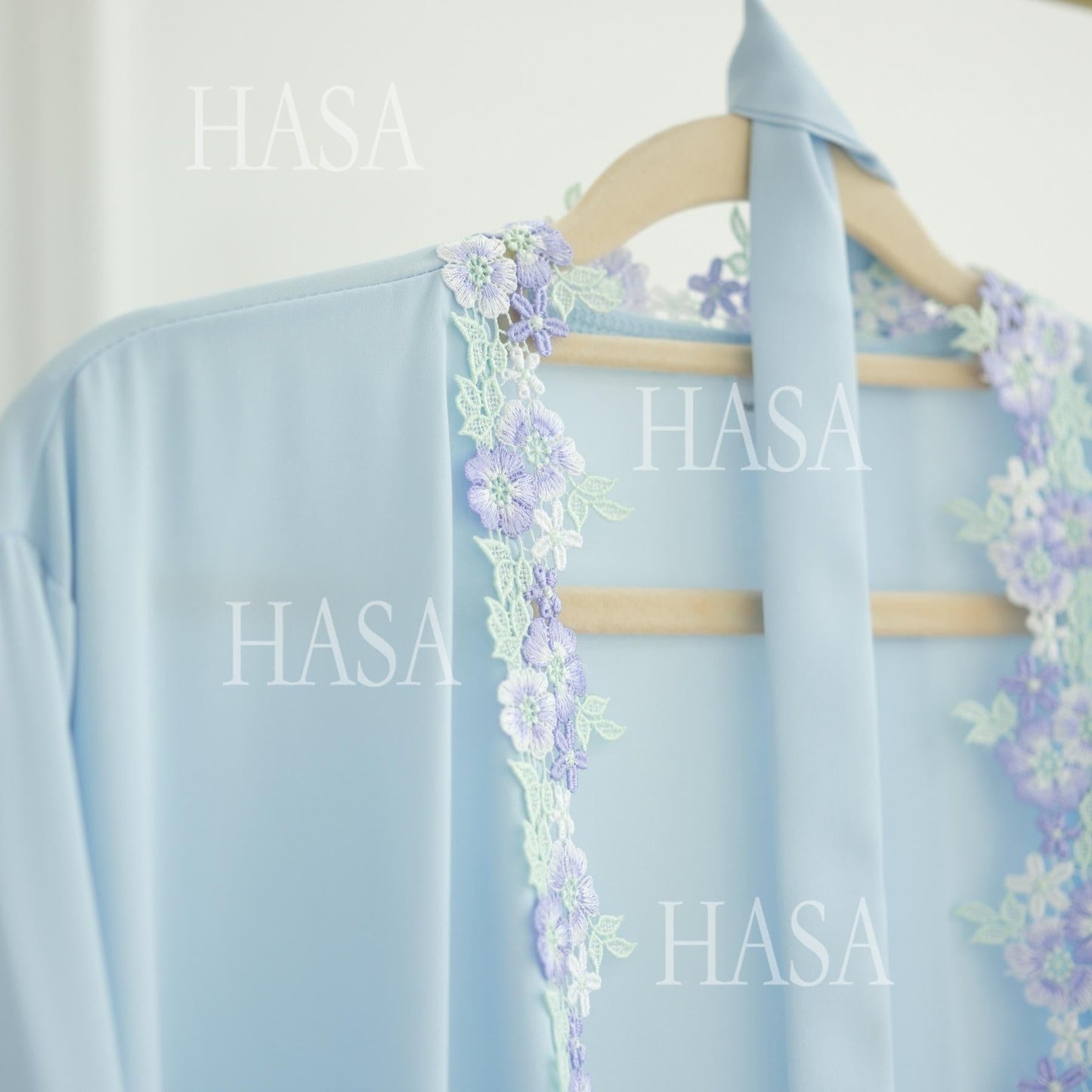 HA6562 Blue Bow Embroidered Abaya Tunic Cardigan