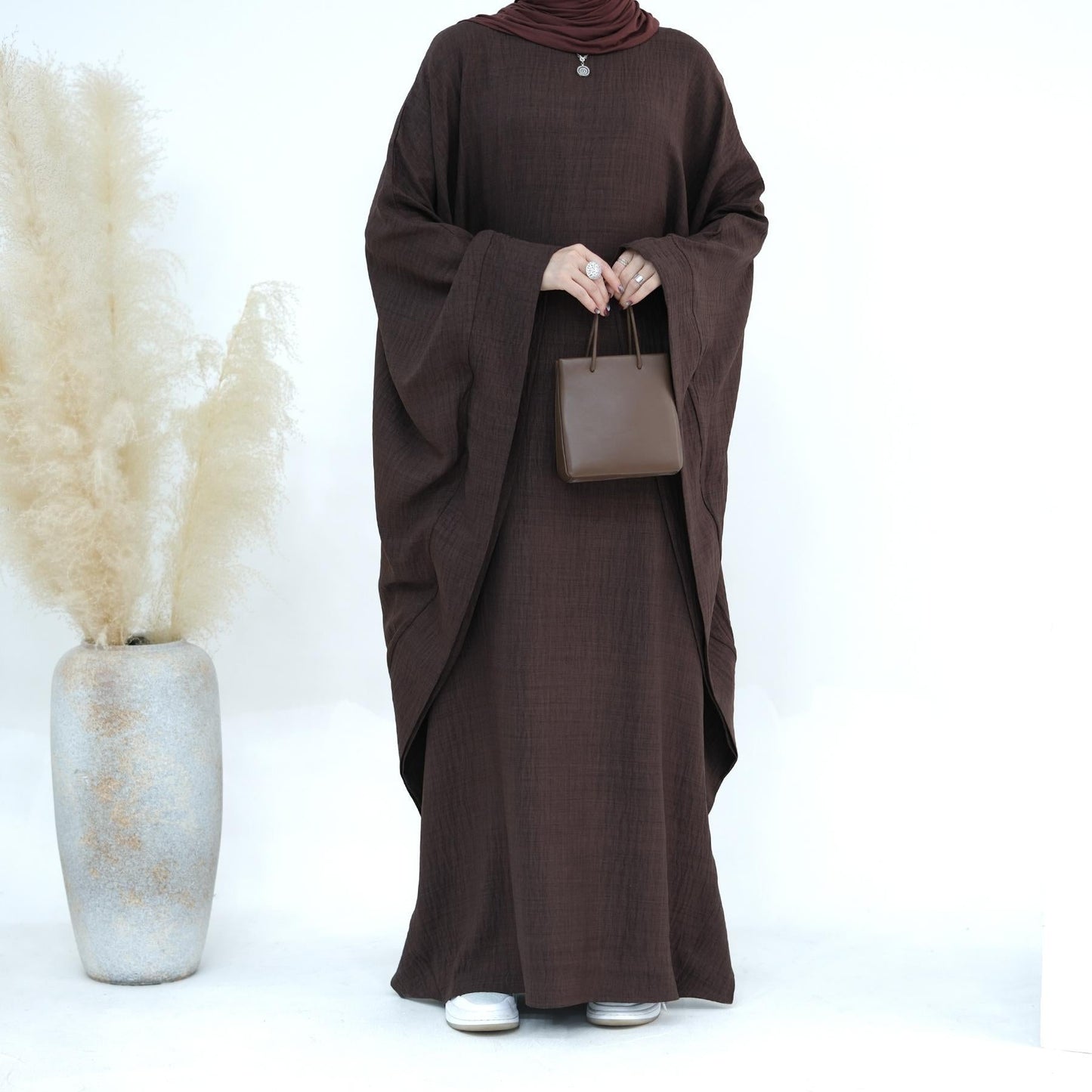 HAYA HA1177 Waist Raging Bat Sleeves Dress Crepe Kaftan with Built-in Belt