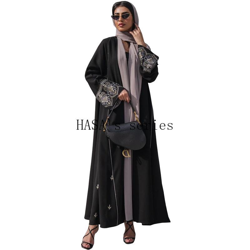 HS5090 Classic black embroidered patchwork robe, designed as a loose, open-front dress.