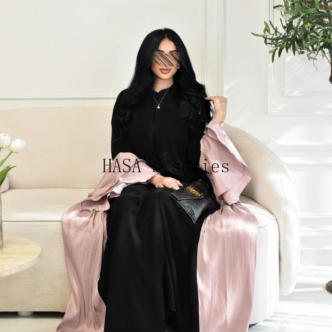 HS5106 A Soft and Elegant Long Satin Dress with Classic Design and Ruffled Sleeves.