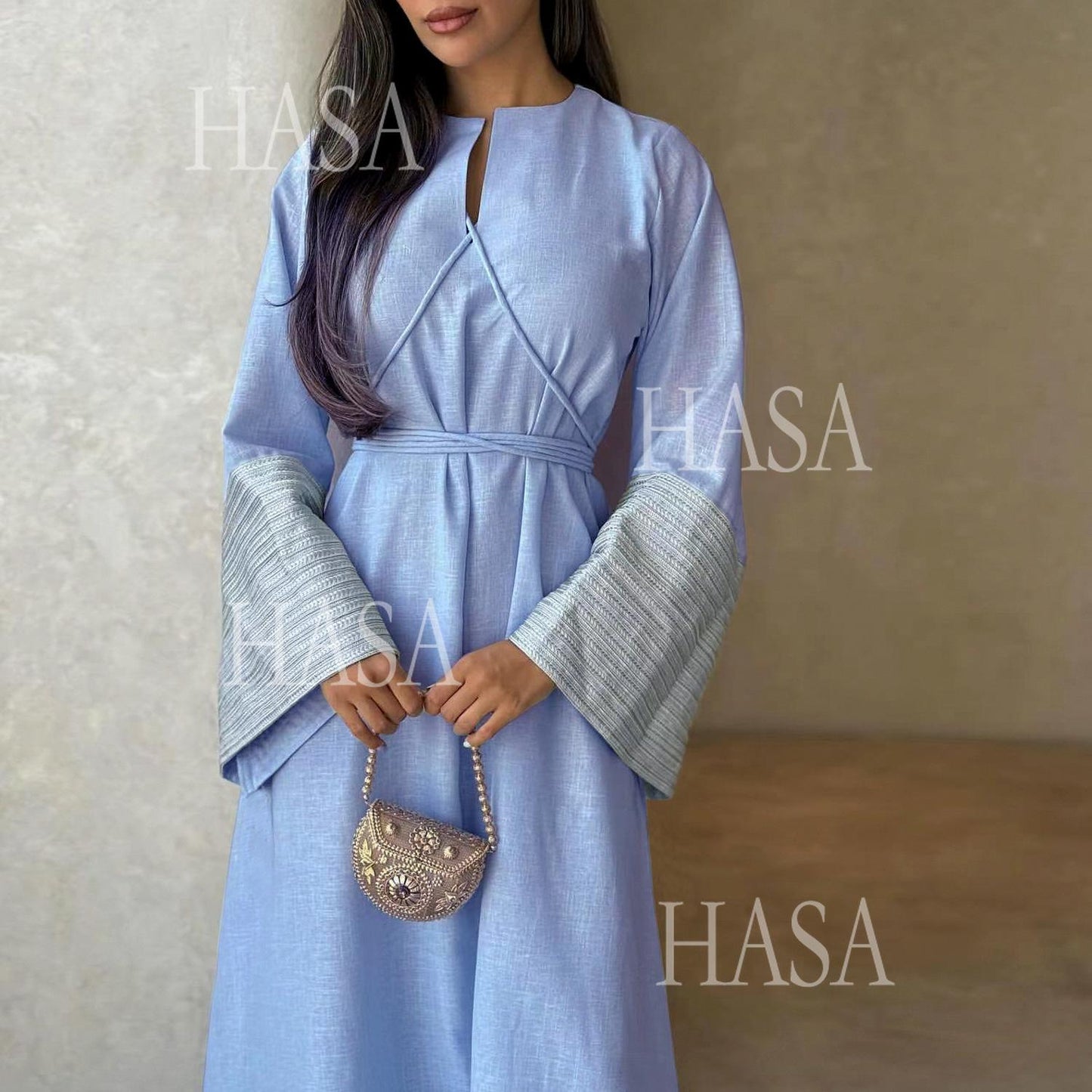 HA6490 Embroidered Panel Sleeve Long Dress