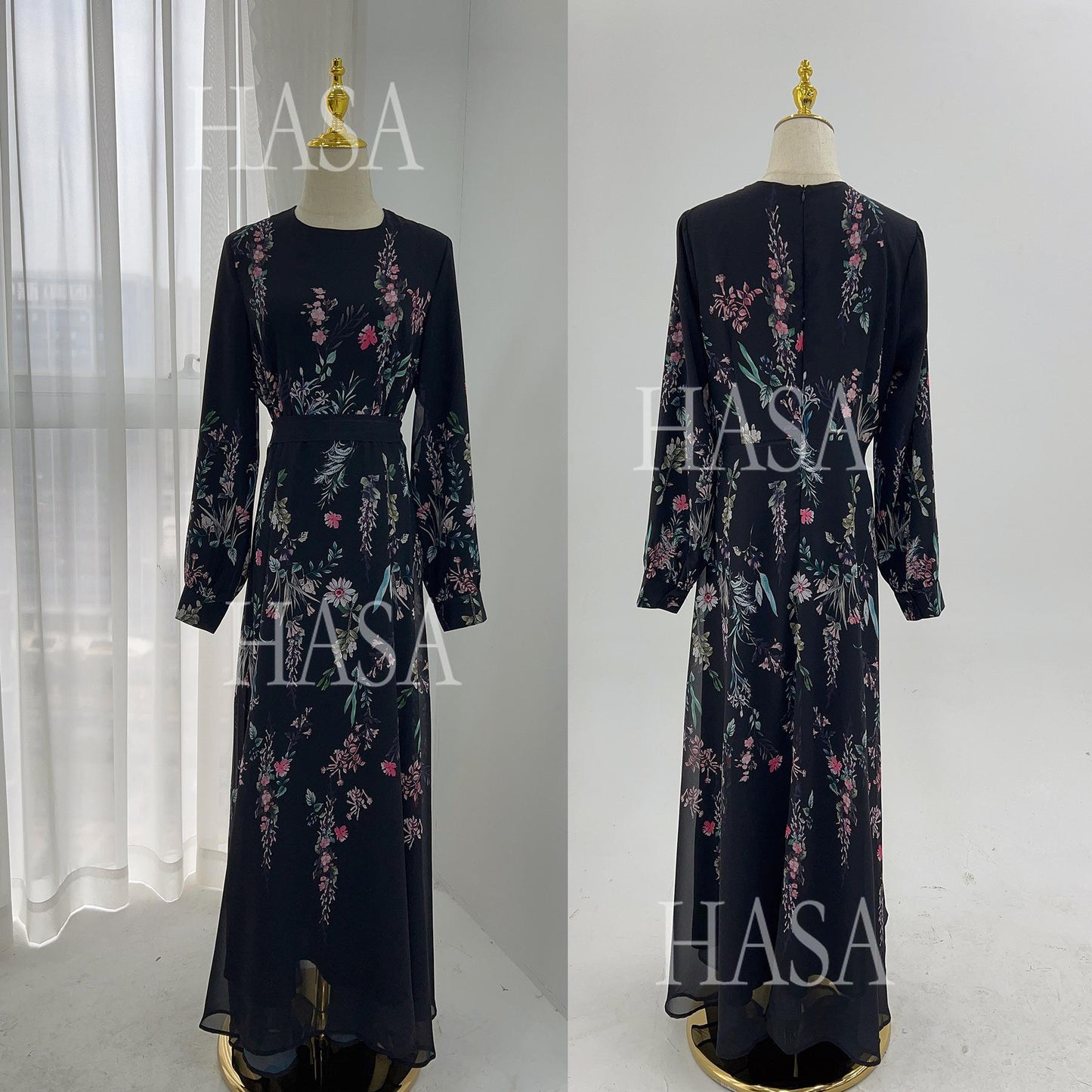 HA6531 Chiffon Printed Ankle-Length Maxi Dress with Long Sleeves