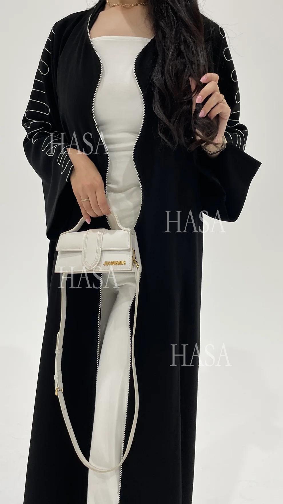 HASA's Series HA6582 Abaya Women's Long Embroidered Cardigan Jacket with Wavy Edges