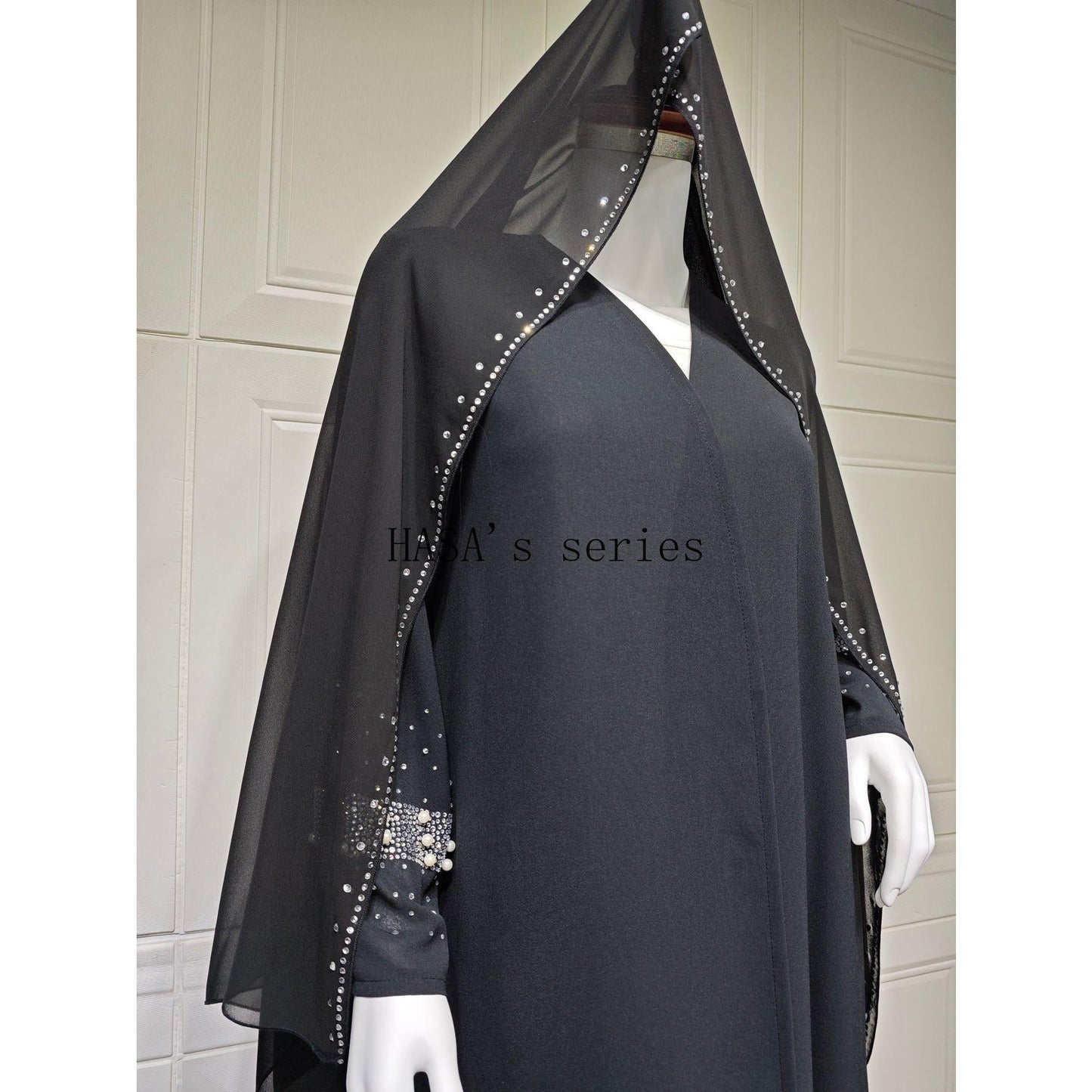 HS5097 Elegant Black Rhinestone-embellished Gown, Two-piece Beaded Set with Headscarf.