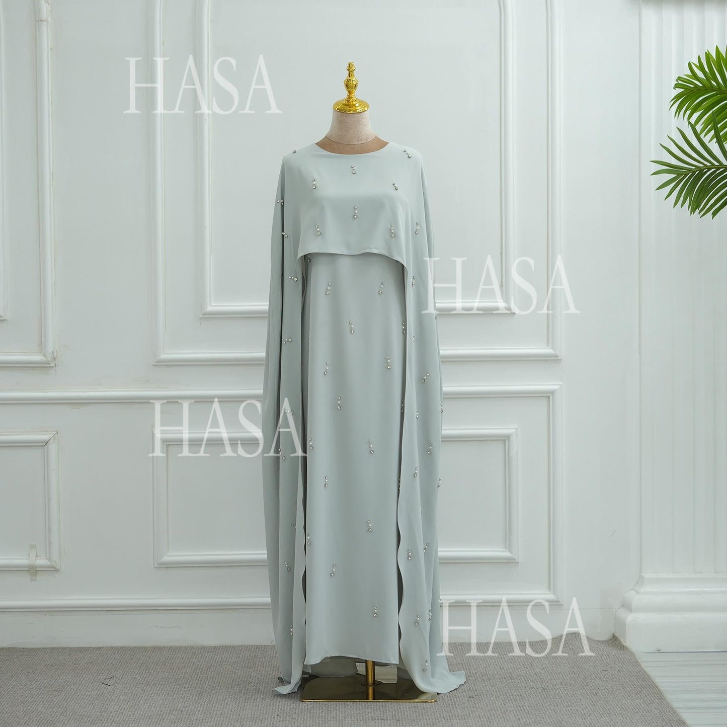 HA6505 Solid color beaded long dress with fake two-piece design