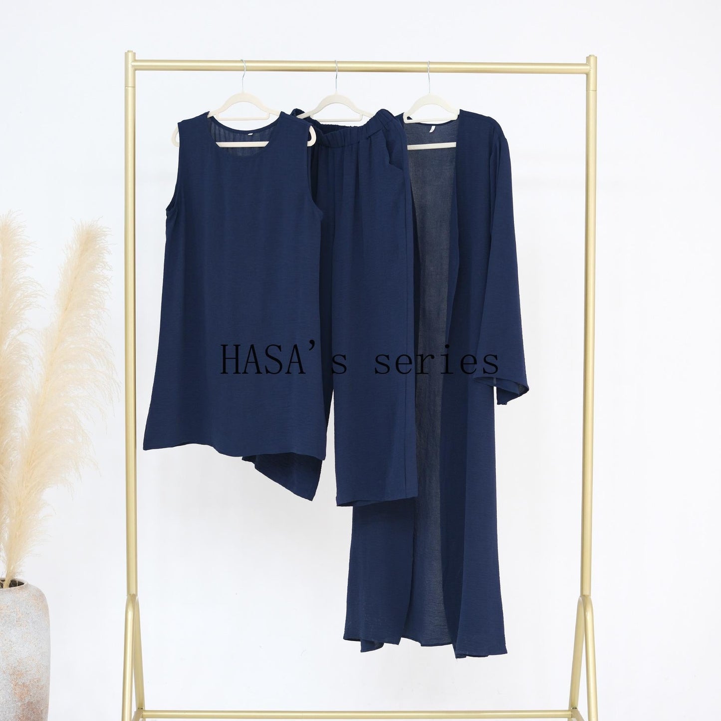 HS5107 Minimalist Style Three-piece Set | Solid Color Long Coat Paired with A Loose Two-piece Suit.