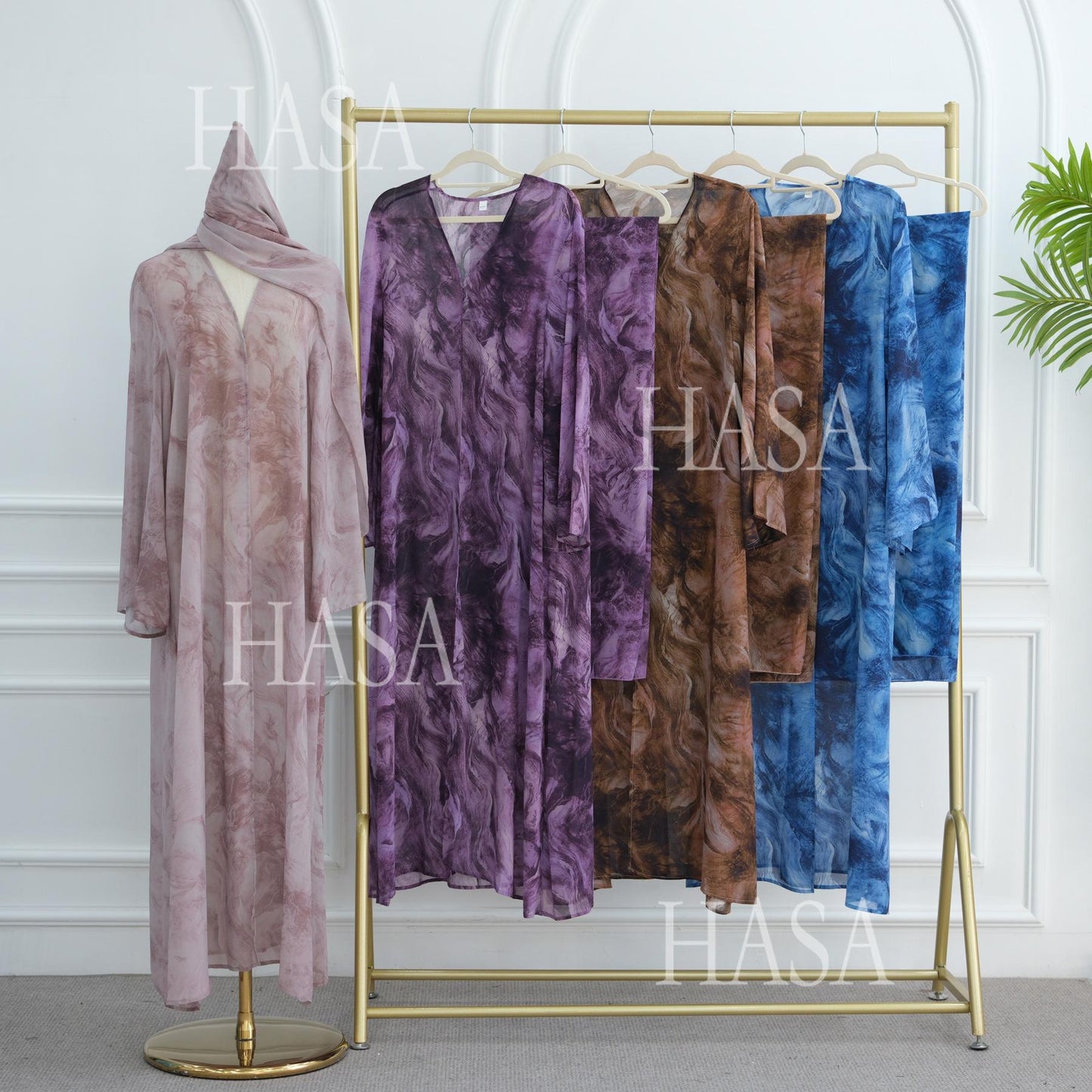 HA6551 Printed Abaya Cardigan with Matching Scarf Two-Piece Set