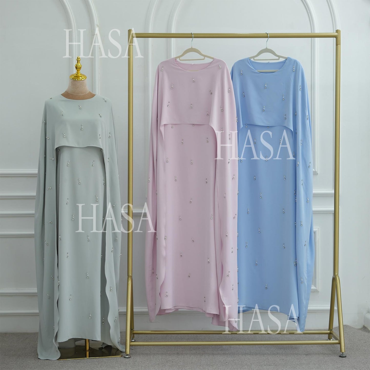 HA6505 Solid color beaded long dress with fake two-piece design