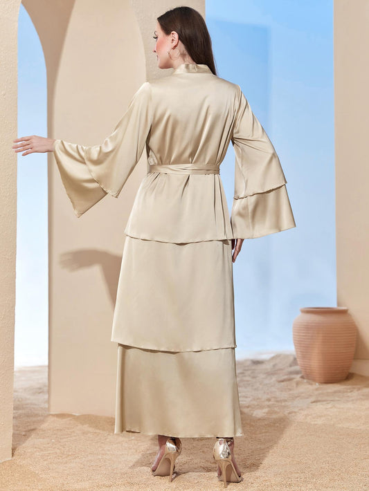 HAYA HAYA0480 Elegant Satin Silk Fabric Three Layer Open Abaya with Two Layer Sleeves