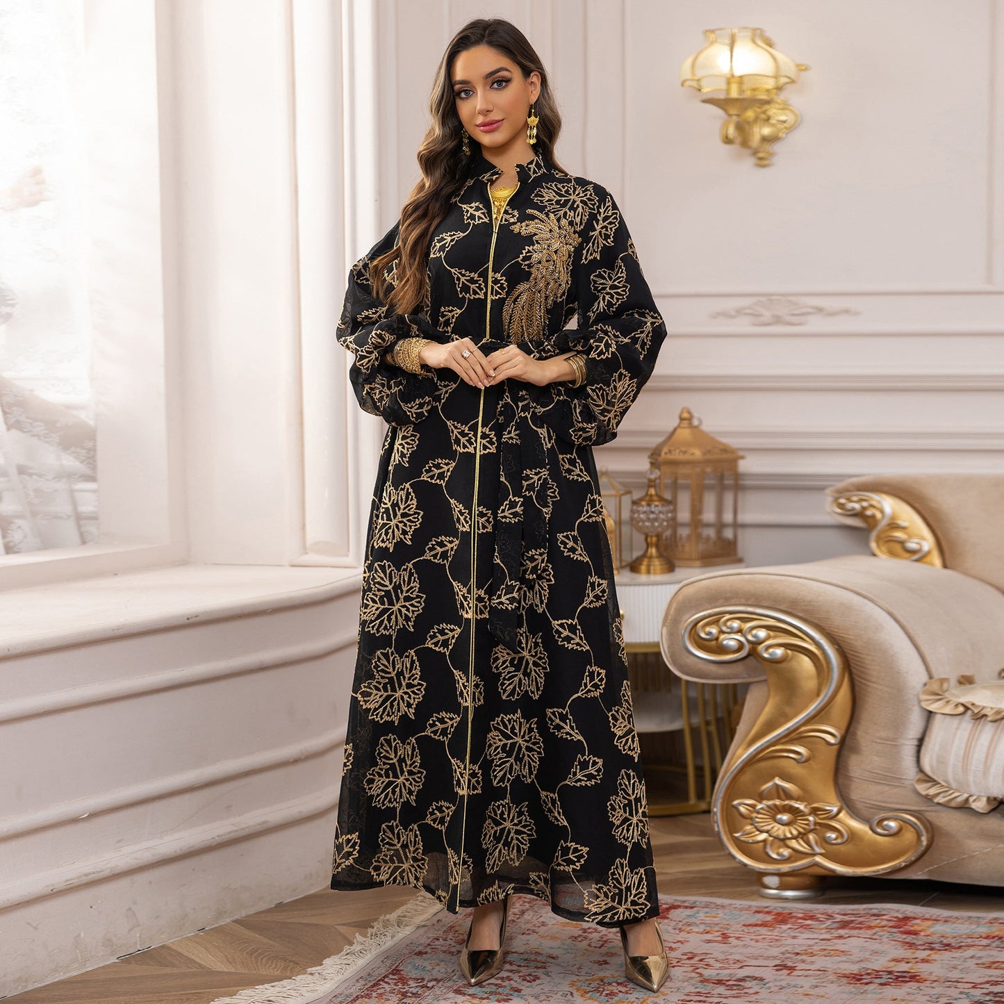 HA6651  Floral Print Long Dress, Elegant Stand-up Collar Evening Gown