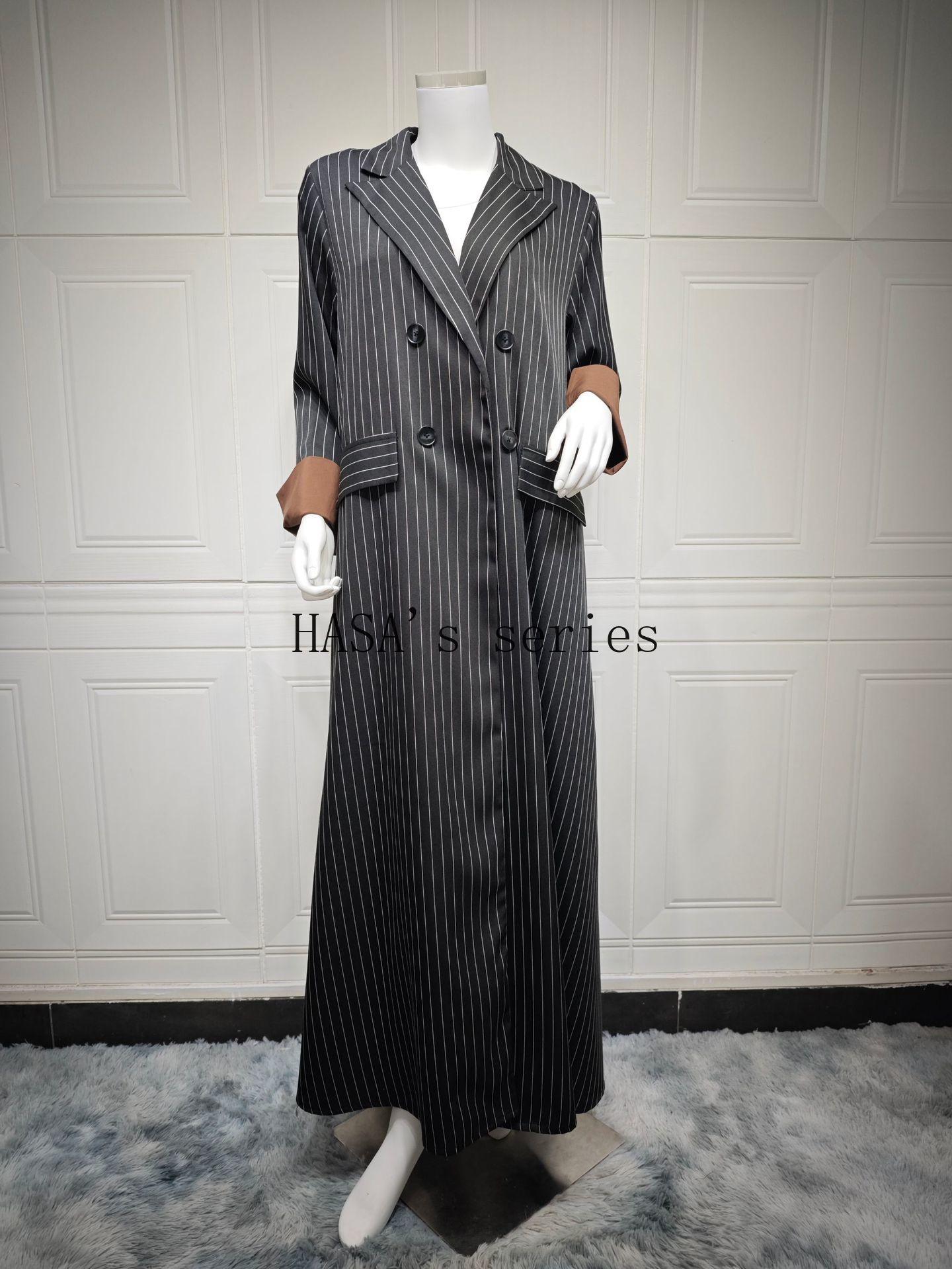 HS5101 Double-breasted, Pinstriped, Long Coat-style Robe with A Loose and Elegant Dress Design.