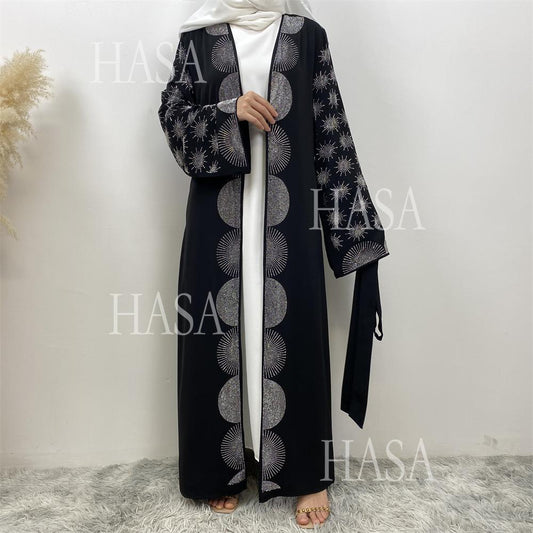 HA6588 Black Cardigan Dress with Rhinestone Embellishment and Pockets