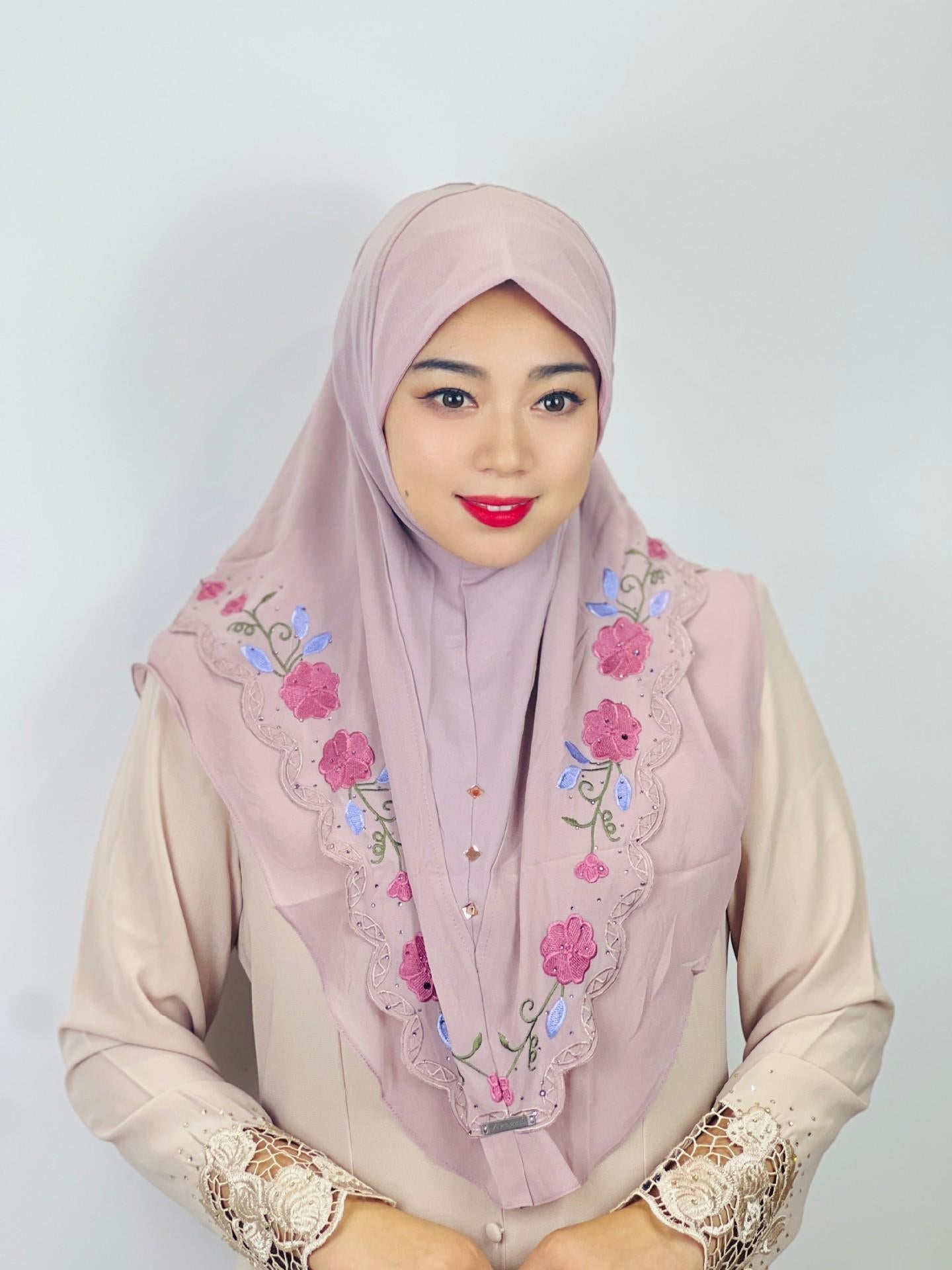 HAYA HA1105 Double Layered Floral Embroidered Lace Headscarf for Women
