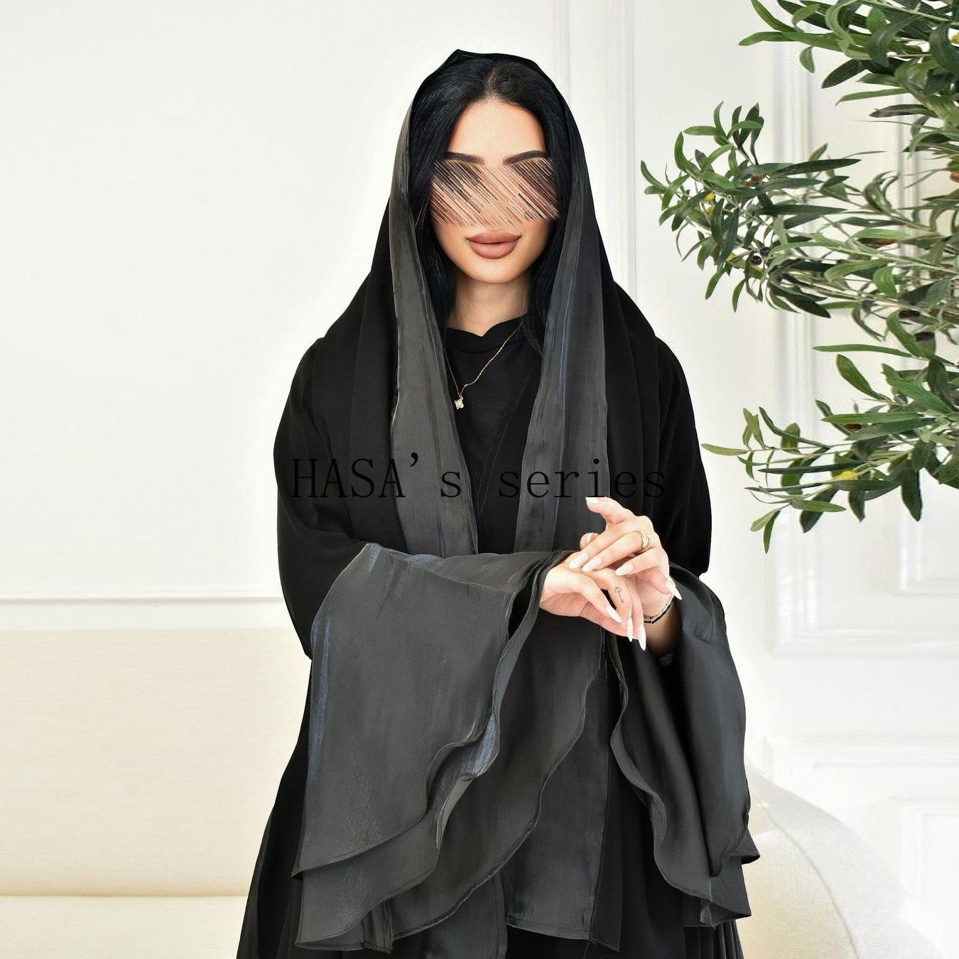 HS5106 A Soft and Elegant Long Satin Dress with Classic Design and Ruffled Sleeves.