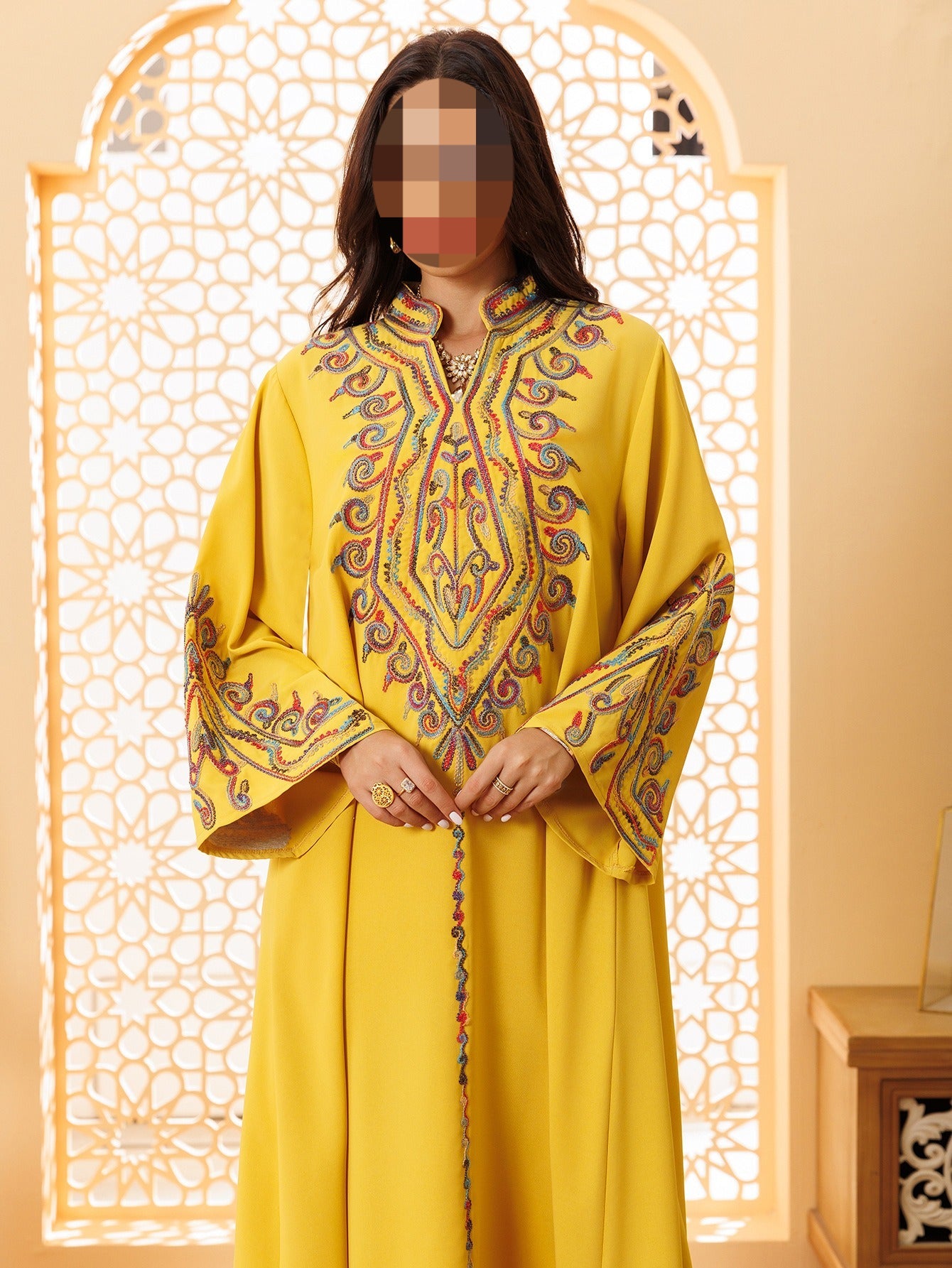 HA6669 Pullover Embroidered Robe Dress with Simple Long Sleeves