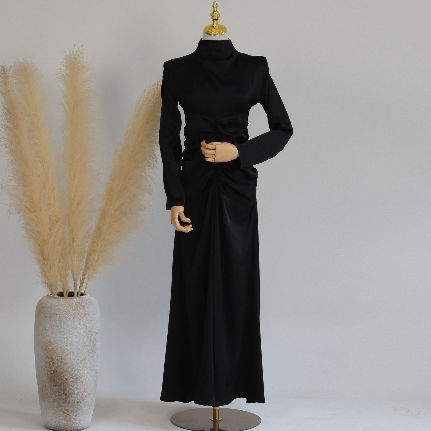 HAYA HAYA1020 Solid Color High Neck Slimming Robe Dress