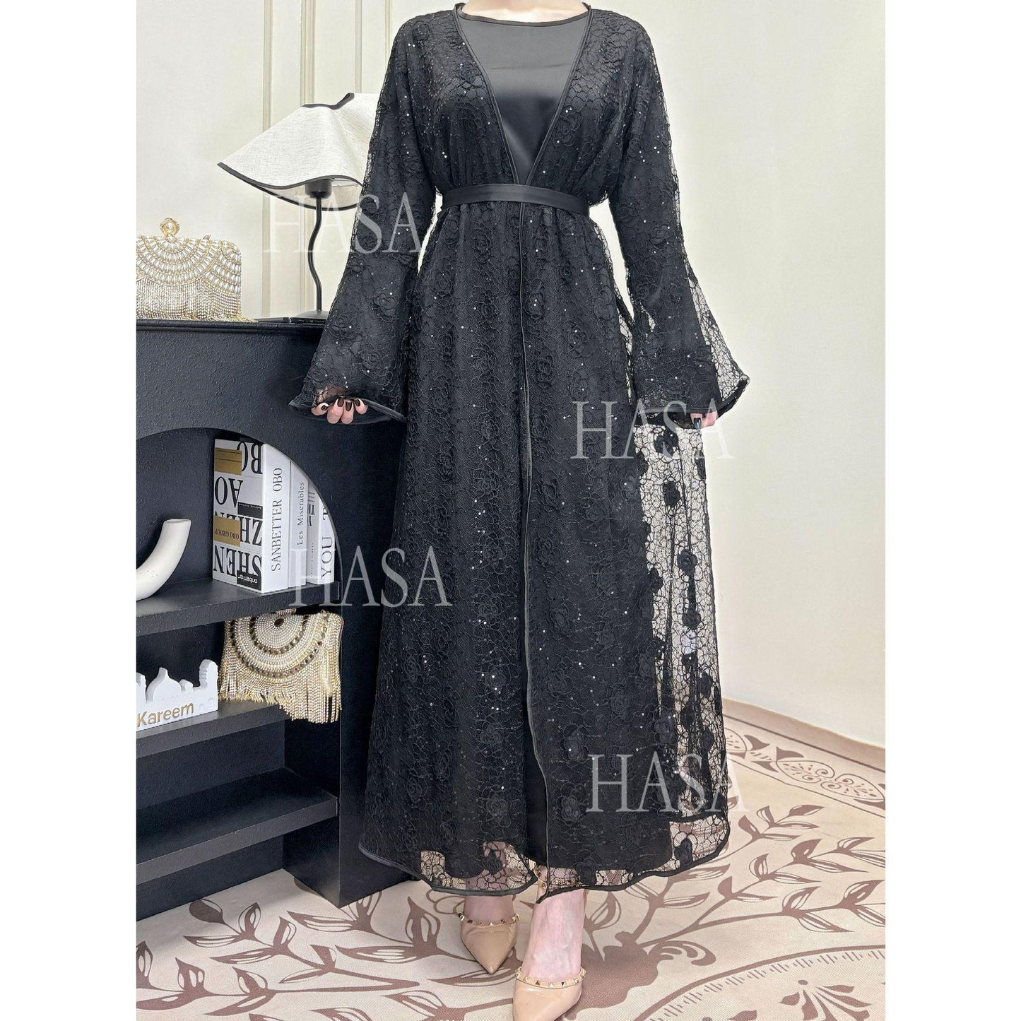 HA6482 Soft Lace Maxi Dress Set, Simple Loose Design
