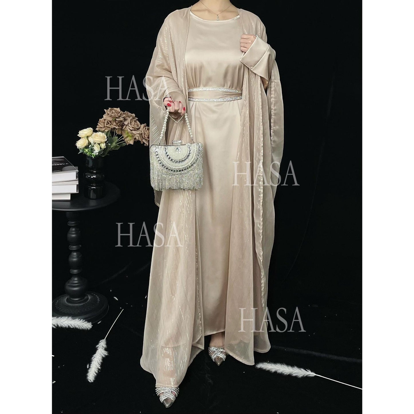 HA6571 Gold embellished long Abaya skirt set