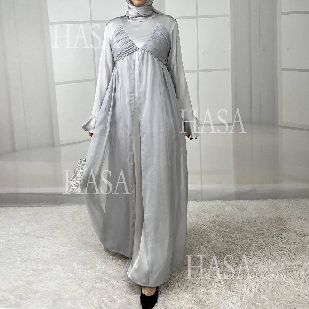 HS5858 Elegant Bright Satin Robe (without Headscarf), Clever Splicing Creates Multi-faceted Charm