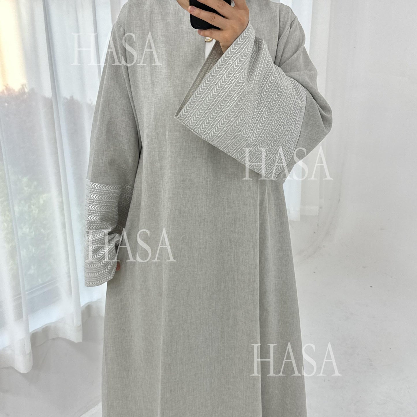 HA6490 Embroidered Panel Sleeve Long Dress