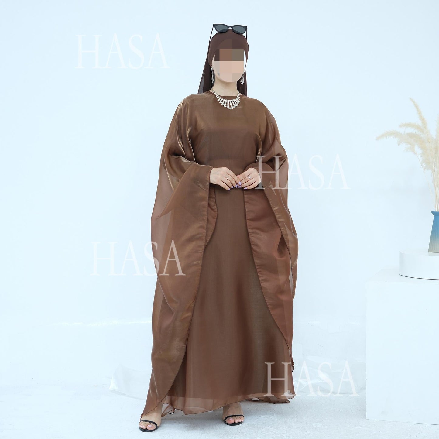 HA6524 Elegant two-piece solid-color robe and dress with optional headscarf