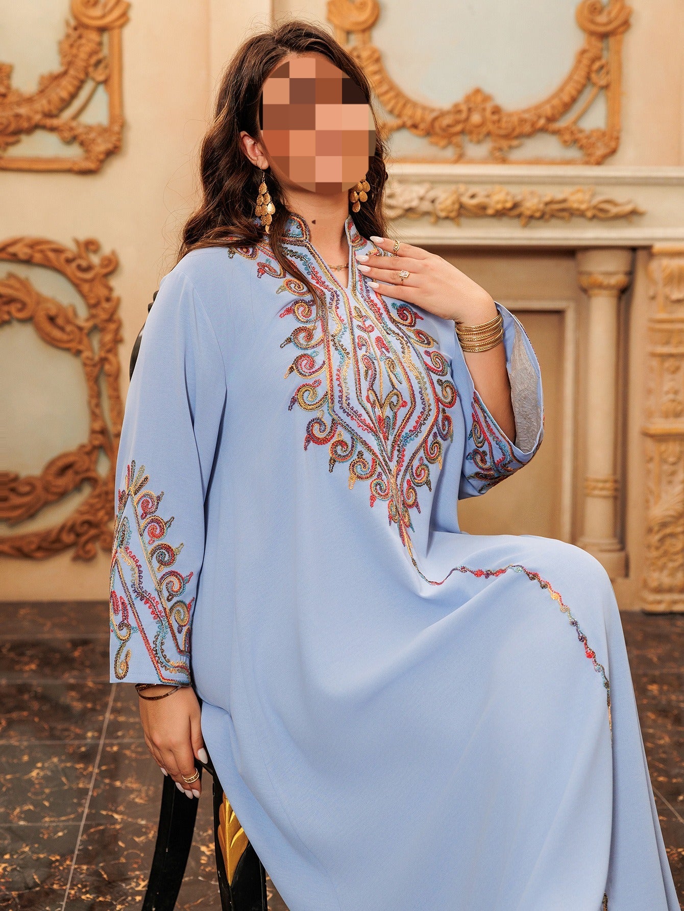 HA6669 Pullover Embroidered Robe Dress with Simple Long Sleeves