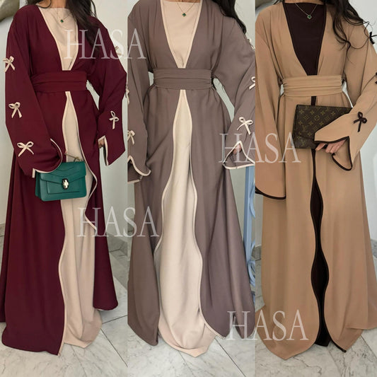 HA5862 Elegant Wavy-edge Bow Robe (with Belt) for A Feminine Look