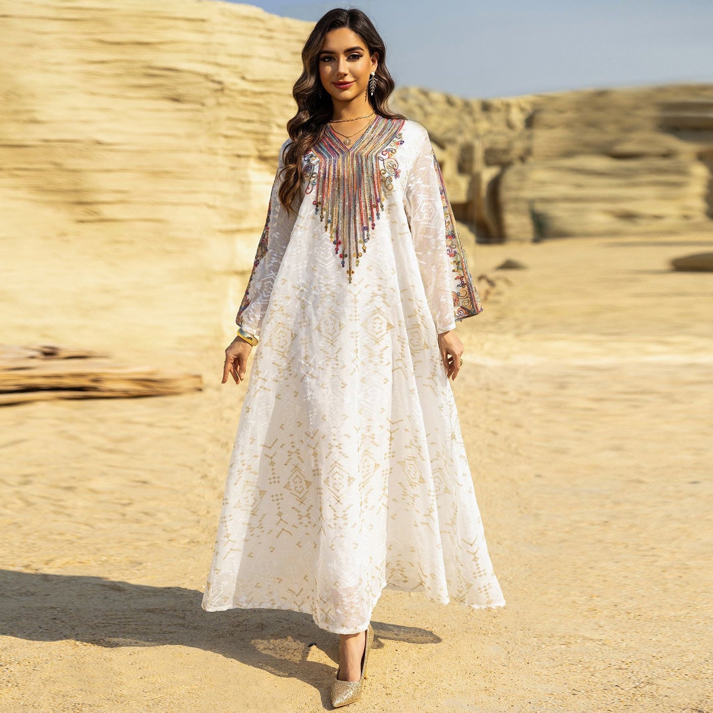 HA6658 Appliqué Patchwork Robe Dress: Lightweight Mesh Combined with Delicate Patterns