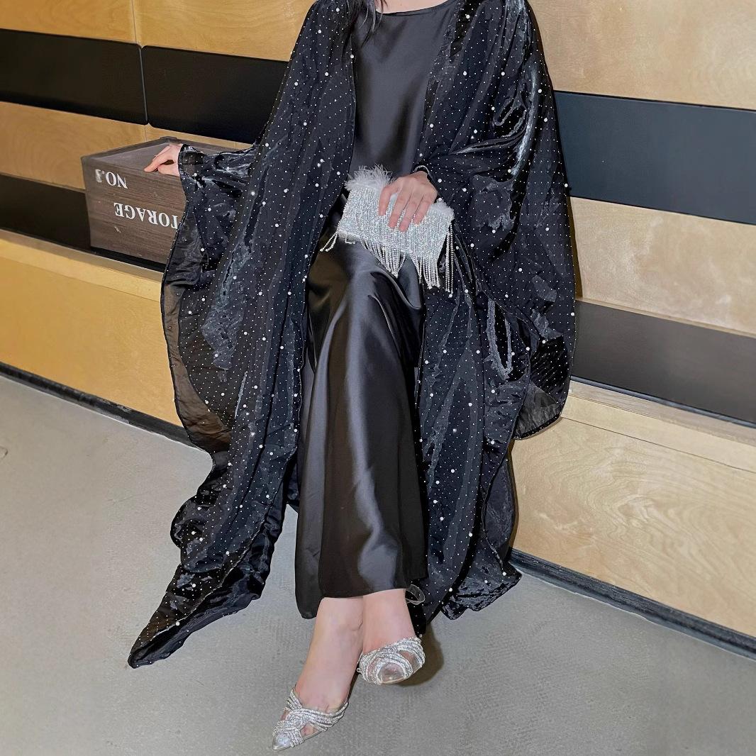 HA6540 Elegant Rhinestone Abaya Two-Piece Set with Outer Cape
