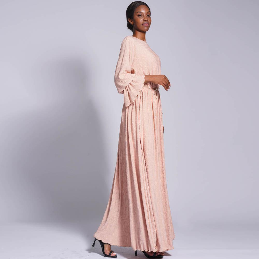 HAYA0434 Muslim Ladies Stretch Crumpled Sprinkle Gold Dress Solid Color Bell Sleeve Long Dress