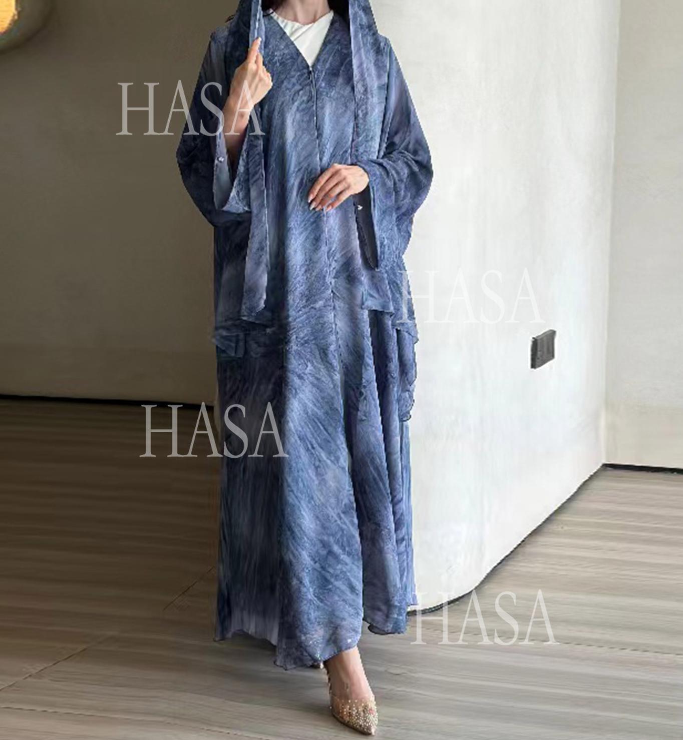 HA6551 Printed Abaya Cardigan with Matching Scarf Two-Piece Set
